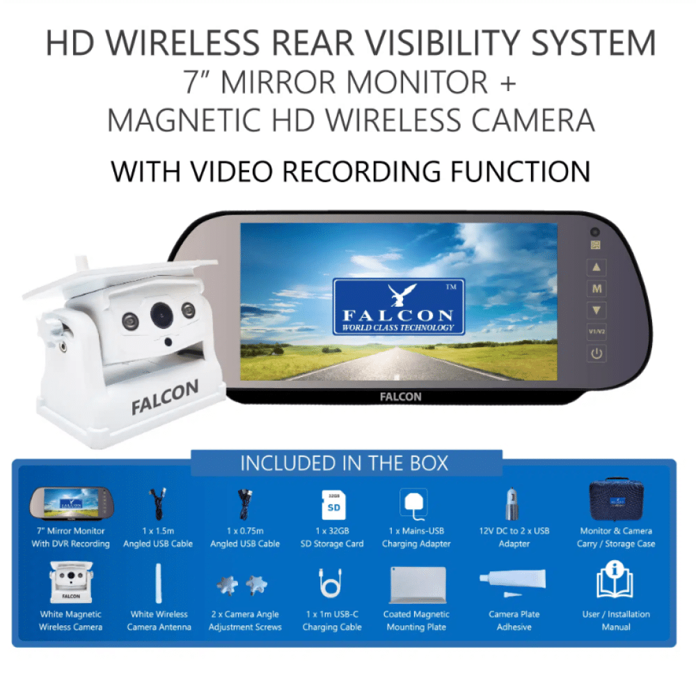 FALCON HD Magnetic Wireless Camera System + 7″ Mirror Monitor With DVR Recording Function – No Drilling Required